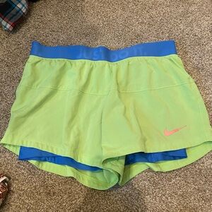 Nike Dri Fit Neon Green Blue Spandex Mini Running Shorts Size Small
